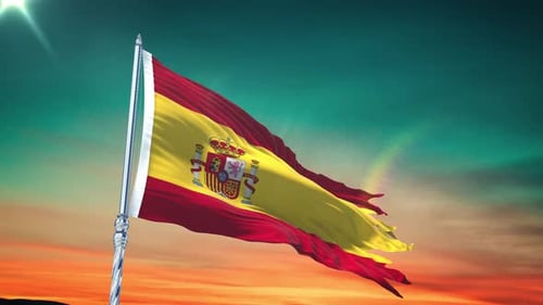 Realistic Spanish Flag Waving Against Sunset