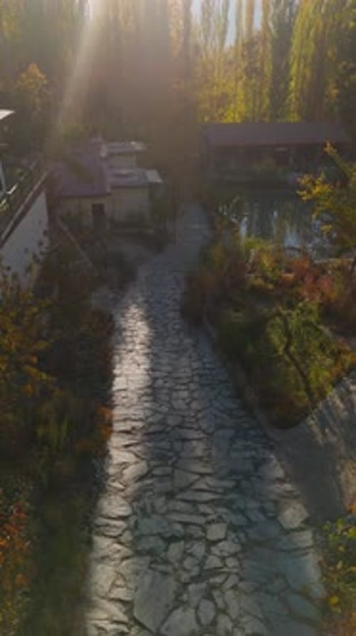 Vue aérienne d'un chemin à travers les arbres et les bâtiments, Pakistan.