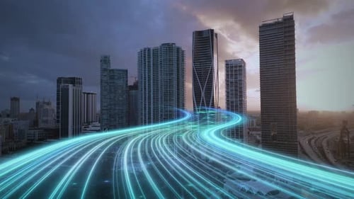 Fast speed internet data animation with modern smart city aerial skyline cityscape at sunset