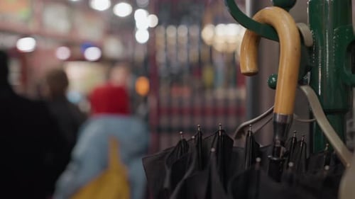 Close View of Umbrellas with Wooden Handles in a Store