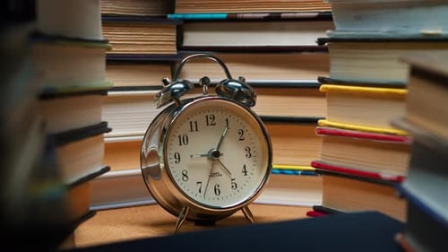 Analog Old Classic Alarm Clock Among Stack of Books