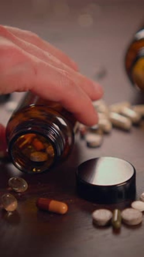 An Assortment of Various Vitamins and Nutritional Supplements in Bottles on a Wooden Surface