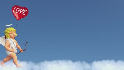 Animated Cupid Walking with Love Heart Balloon on Clouds