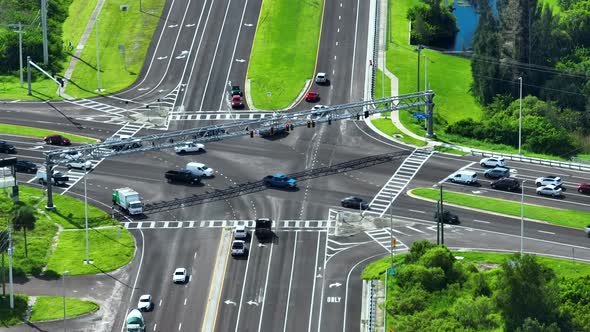 Top View of Large Multilane Road Intersection with Traffic Lights and ...