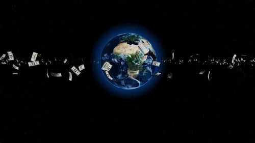 Digital Earth with Flying Dollar Bills in Space Animation
