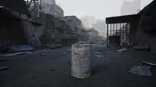 Abandoned Urban Alley with a Rusty Barrel Surrounded By Debris at Dusk