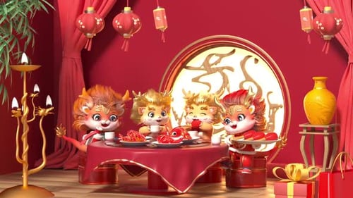 Festive 3D Dragon Characters Celebrating Chinese New Year with a Meal