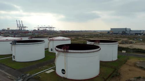 Huge fuel storage depot, large silos for gas oil fuel petroleum. Import export logistics of energy