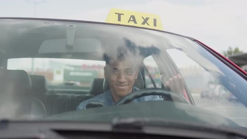 Happy Taxi Driver Driving Car and Letting a Pedestrian Pass Slow Motion