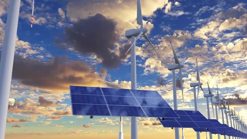 Innovative energy farm with spinning wind turbines and solar panels on blue sky