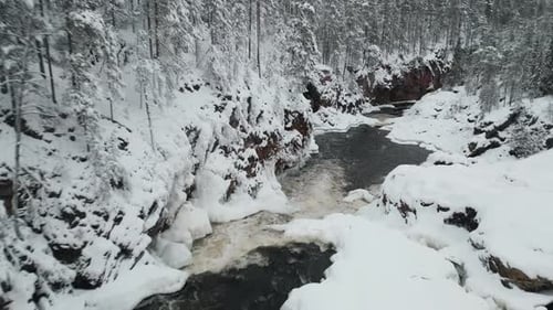 Luftaufnahme eines mächtigen Flusses inmitten verschneiter Nadelwälder