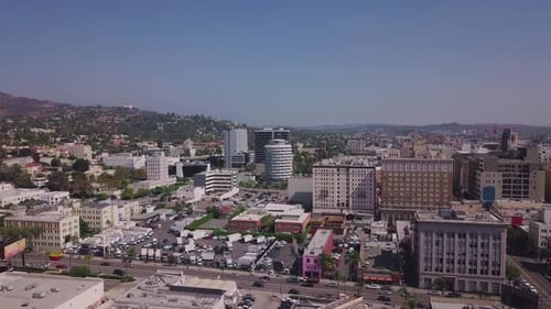 LA: Drone shot over Hollywood looking towards the Capitol Records building