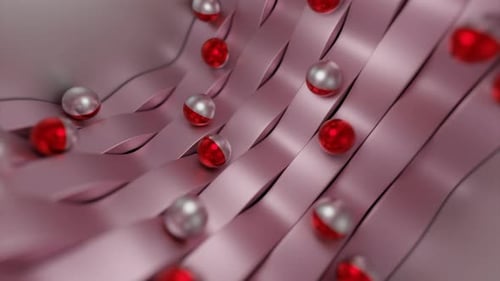 Abstract bended metal stripes and rolling pearls along wavy track