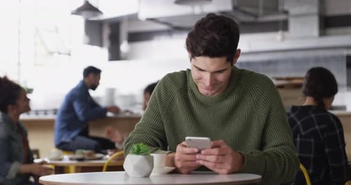 Laughing, phone or happy man in cafe on social media for meme or website notification