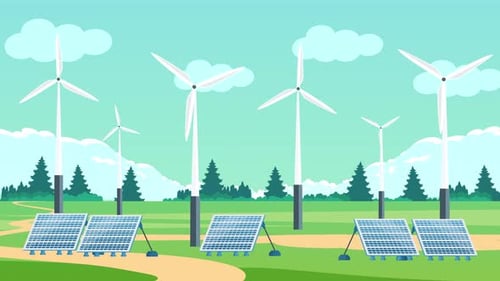 Green Energy Solar Panels Wind Turbines Green Field Animation