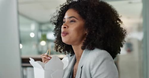 Fast food, smile and computer with a business black woman in the office for work on a project
