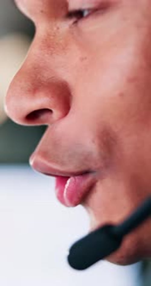Call centre, closeup and person with headset, talking and communication for telemarketing