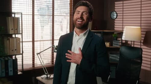 Portrait in Office Middleaged Laughing Happy Joy Fun Emotional Smiling Carefree Relax Caucasian Man