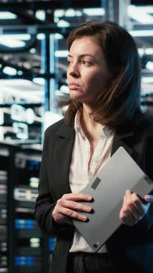 Vertical Video Data Center Female Programmer Creating Digital Twin Scan to Optimize Servers