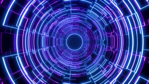 Digital futuristic tunnel or travel through time and space at high speed, moving bright neon lines