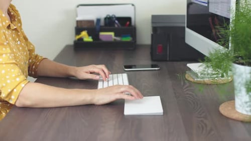 Woman Hands Touching Touchpad White Keyboard Work Computer Home Office Concept