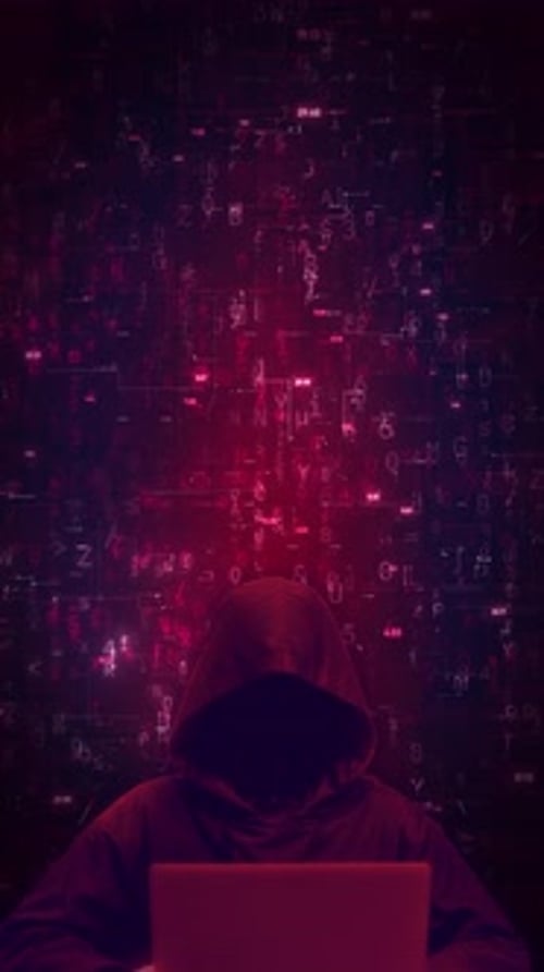 Hacker anônimo com laptop em código binário vermelho escuro | Animação de fundo de matriz cibernética - vertical