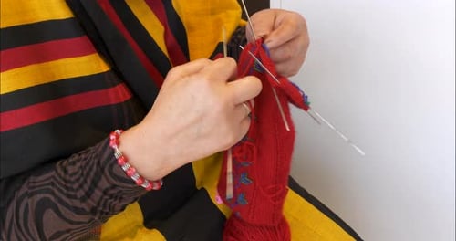 Knitting Needles Crafting Red Woolen Sock