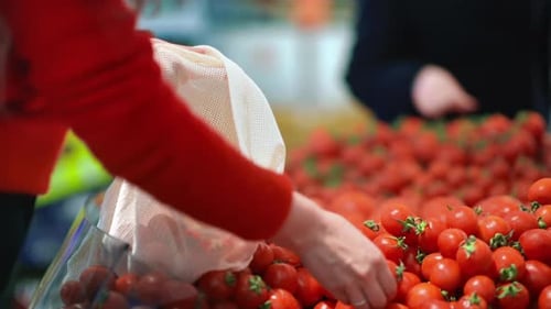 Mujer recogiendo tomates cherry en una bolsa reutilizable en una tienda. Temáticas del Día de la Tierra y la Ecología