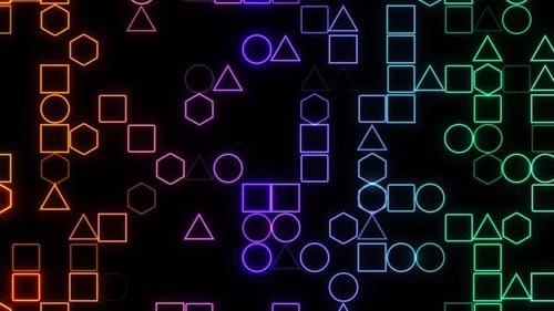 Geometric Shape Randomly Animated On Black Background. Circle Triangle Square, Gradient Colorful