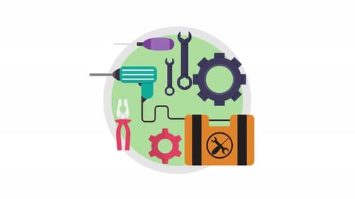 Animated Flat Design Tools and Mechanical Gears Icon