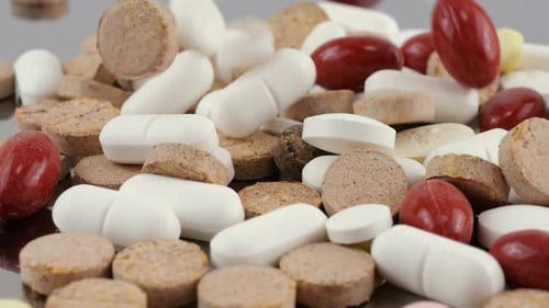 Falling tablets and pills on a metal surface. Slow motion. Medicine and healthy.