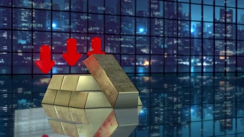 Gold Bars with Red Arrows Financial Decline Crisis 3D Animation
