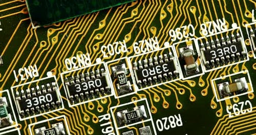 Close Up Details Of A Printed Circuit Board. macro shot, overhead