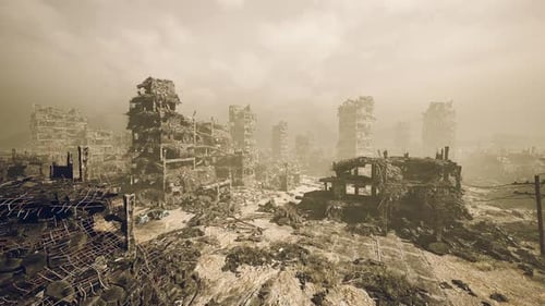 Deserted and Shattered City with Overgrown Vegetation and Faded Hues