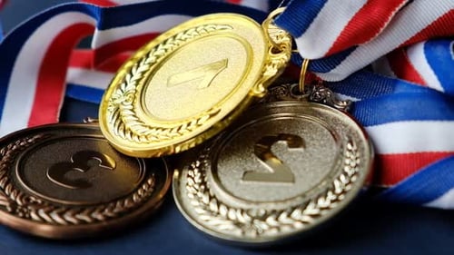 Concept for Winning or Success Gold Medal Silver Medal and Bronze Medal on Yellow Background