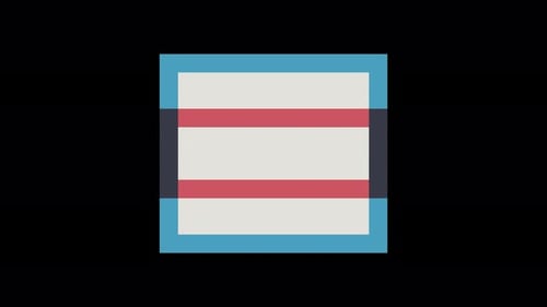 Headline Collection: A small grey and red square Logo reveal element on a black screen from the bott