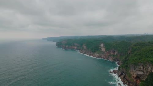 aerial view of cliffs overgrown with dense forest on coastline in cloudy sky. Sea waves crashing the
