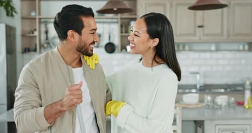 Couple, spring cleaning and portrait with care and housework with chores and cleaner