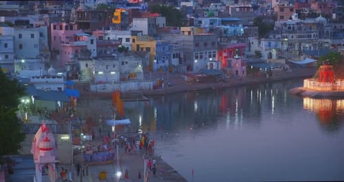 Indian Hindu Pilgrimage Town Sacred Holy City Pushkar Ghats Rajasthan India Horizontal Pan