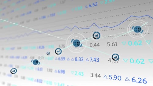 Animation of lines with stock exchange financial data processing over network of connections