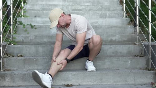 A man feels a sharp pain in his calf muscle and massages his painful leg during an evening walk.