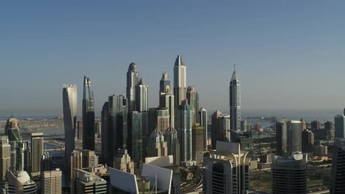 Aerial view of modern Dubai cityscape with skyscrapers, United Arab Emirates.