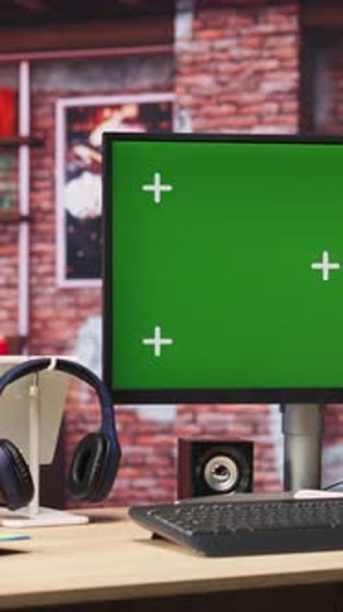 Vertical Video Green Screen Mockup Desktop PC Display on Cozy Home Office Desk