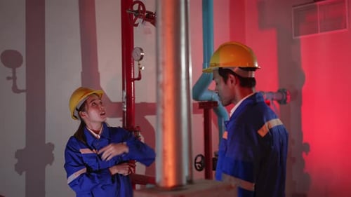 Ingenieure überprüfen das Wassersystem im Keller.