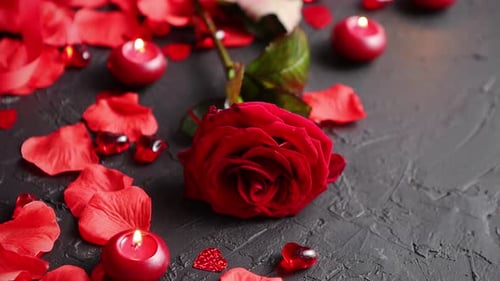 Red Rose and Candles on Dark Background