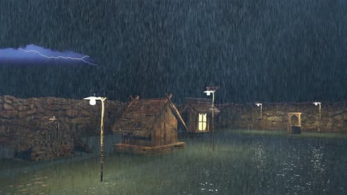 Heavy Rain And Thunder, Rain Falling On The Cottage At Night