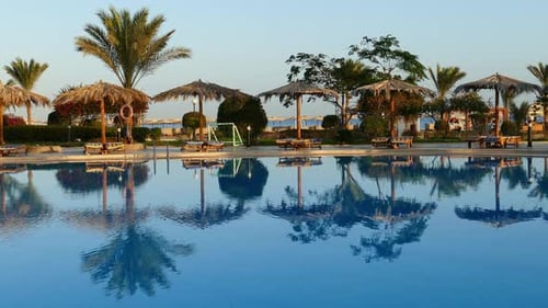Swimming Pool with Palm Trees in Resort at Morning