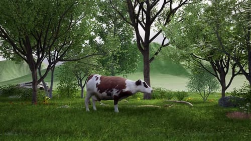 Cow Grazing on Green Grass in Open Field, 3D Animated