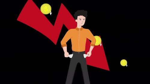 bankrupt man with a red arrow going down in the background, economic crisis 4k animation alpha