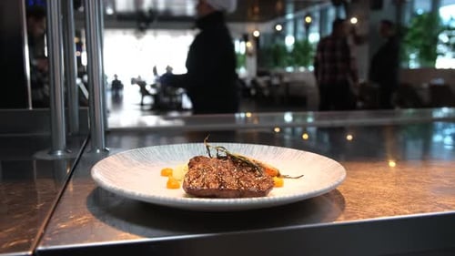 Restaurant Steak Dish with Mashed Potatoes and Carrots